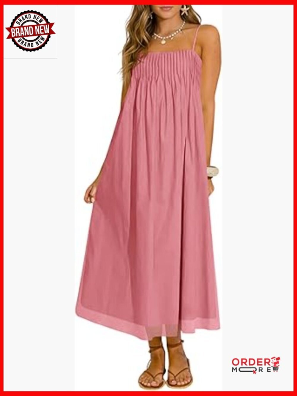 Boho Maxi Dress Spaghetti Straps Square Neck Pleated with Pockets Summer